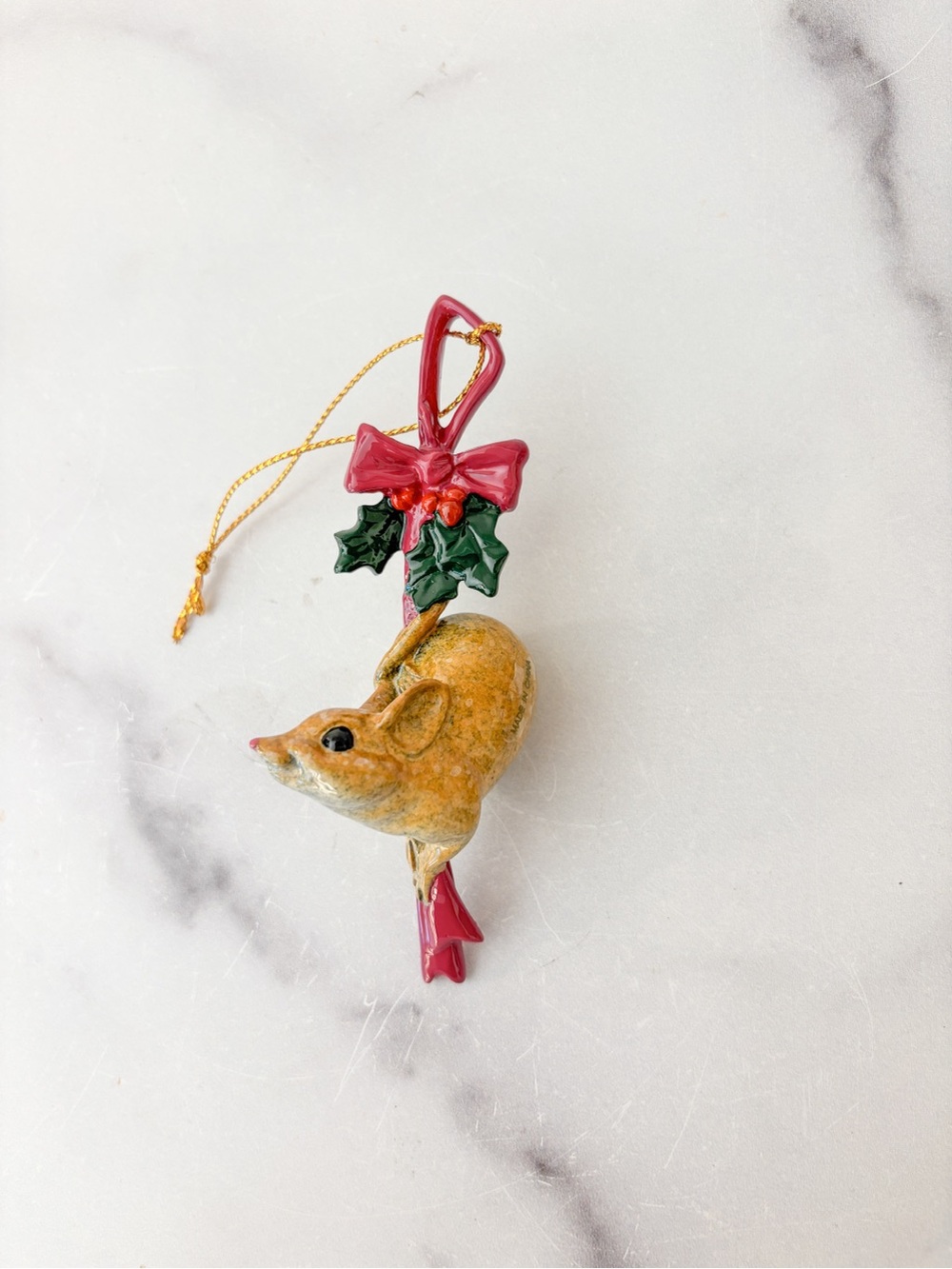 Kitty’s Critters Holly-Day Mouse Yellow Mouse Holiday Ornament with Red Bow